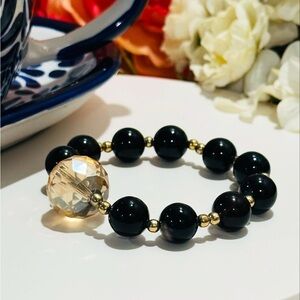 Black Beaded Bracelet with Golden Crystal Accent